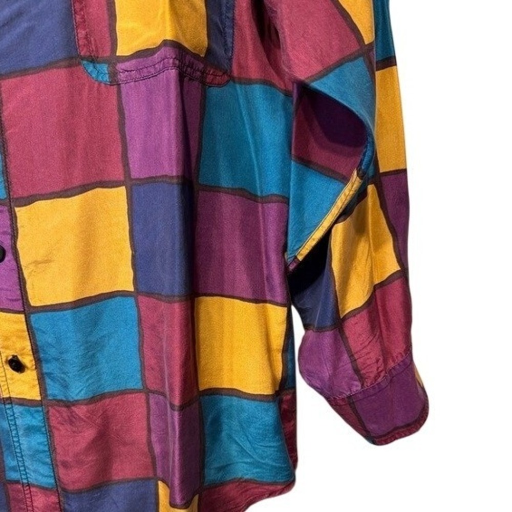 On The Brink Silk Button Down Shirt Multicolor Color Block Funky Vintage 90s Med - Picture 5 of 7